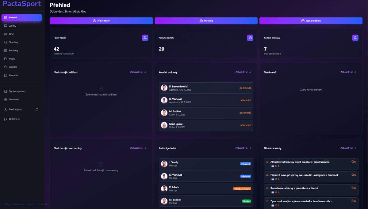 PactaSport přehled aplikace